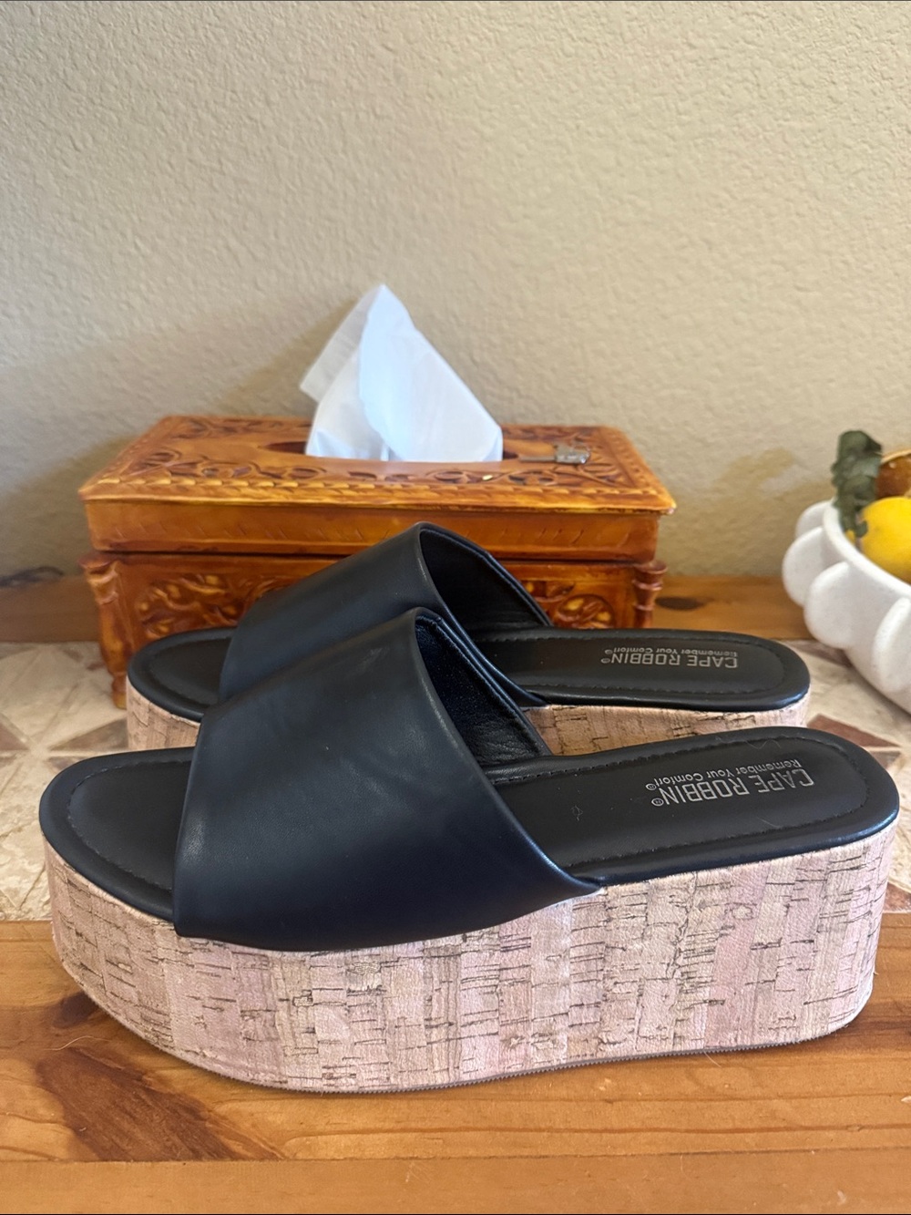Cape Robbin Black Slide Platform Sandals with Cork-Style Sole